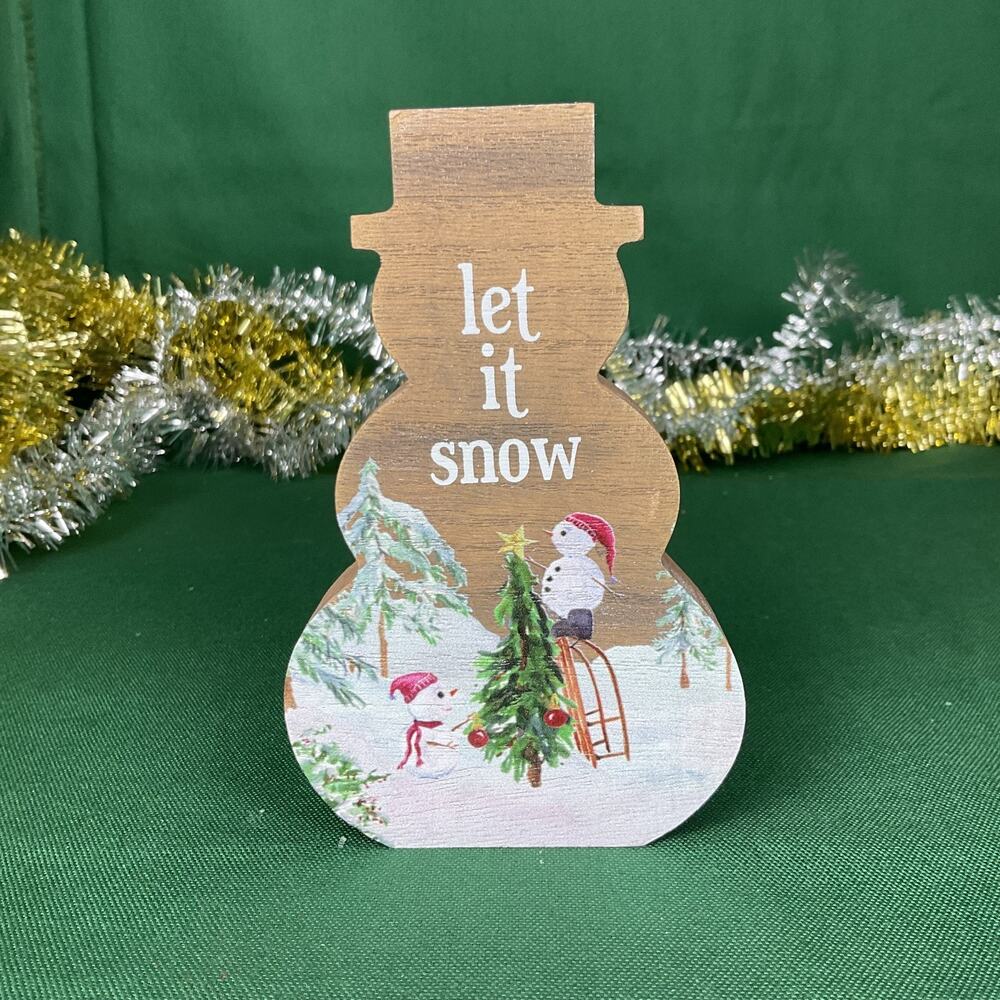 Wooden Snowman Block Sign Let It Snow Winter Shelf Sitter Christmas Decor Rustic